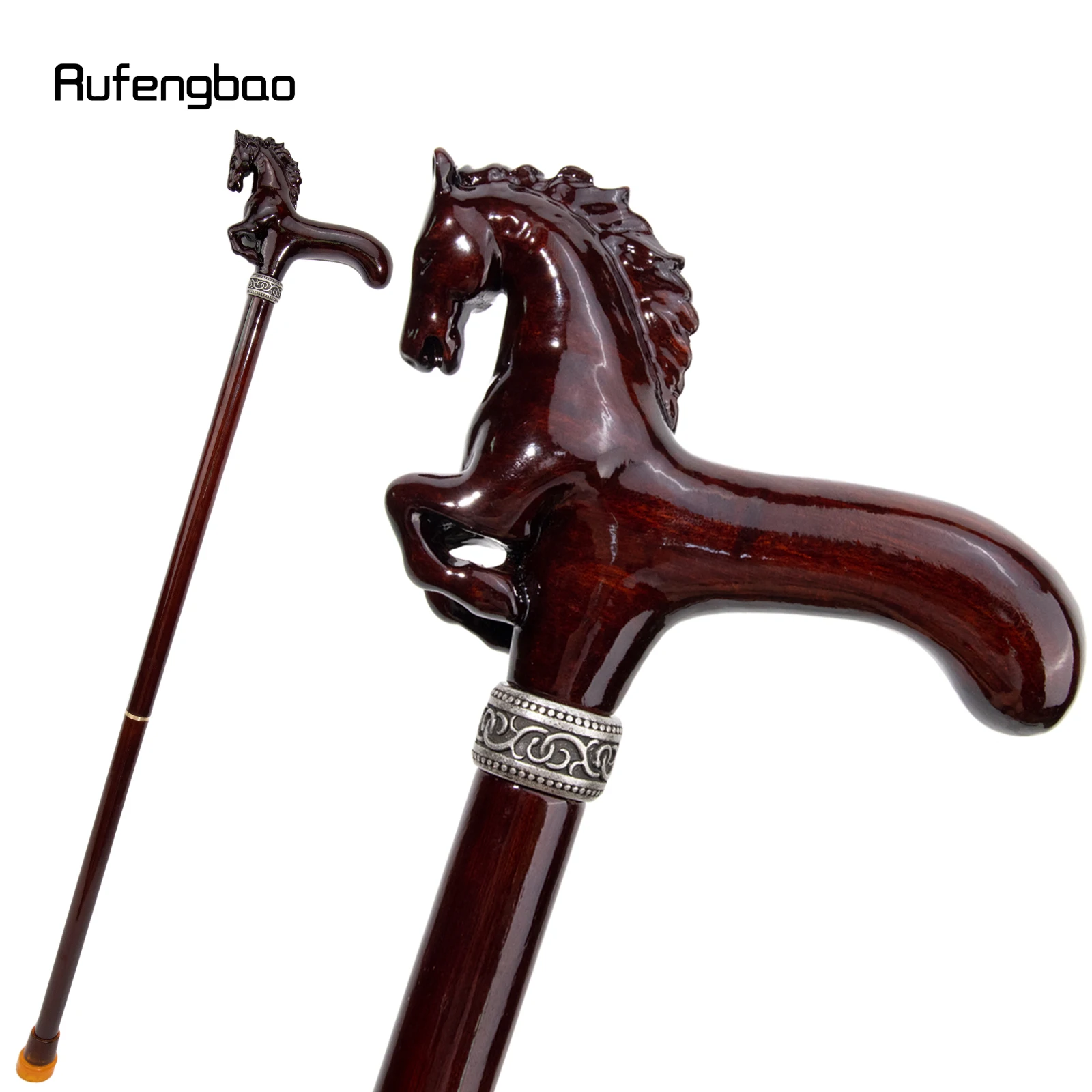 Brown Horse Wooden Fashion Walking Stick Decorative Cospaly Cane Wood Mace Crutch Wand Crosier 96cm Performance Stage Cane