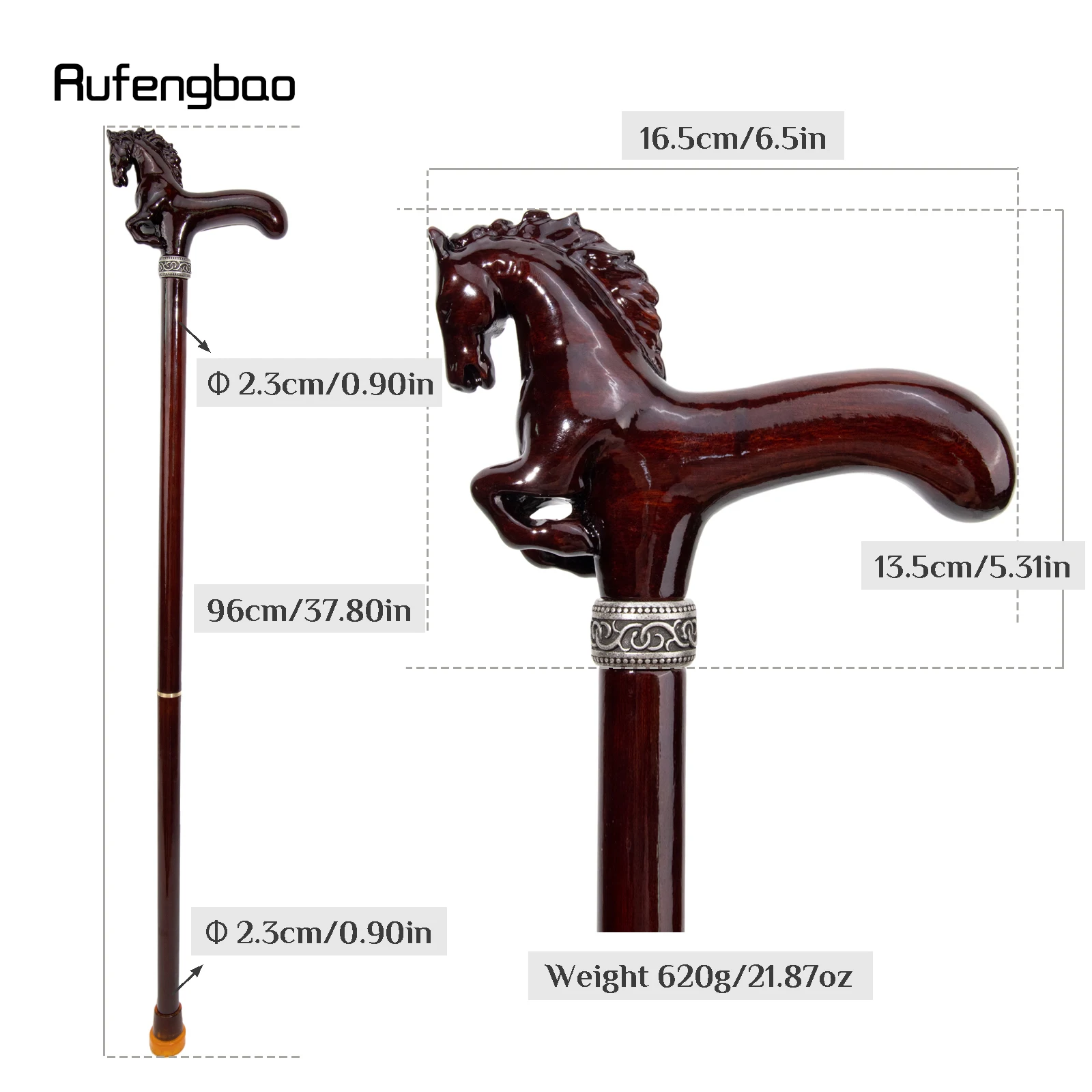 Brown Horse Wooden Fashion Walking Stick Decorative Cospaly Cane Wood Mace Crutch Wand Crosier 96cm Performance Stage Cane