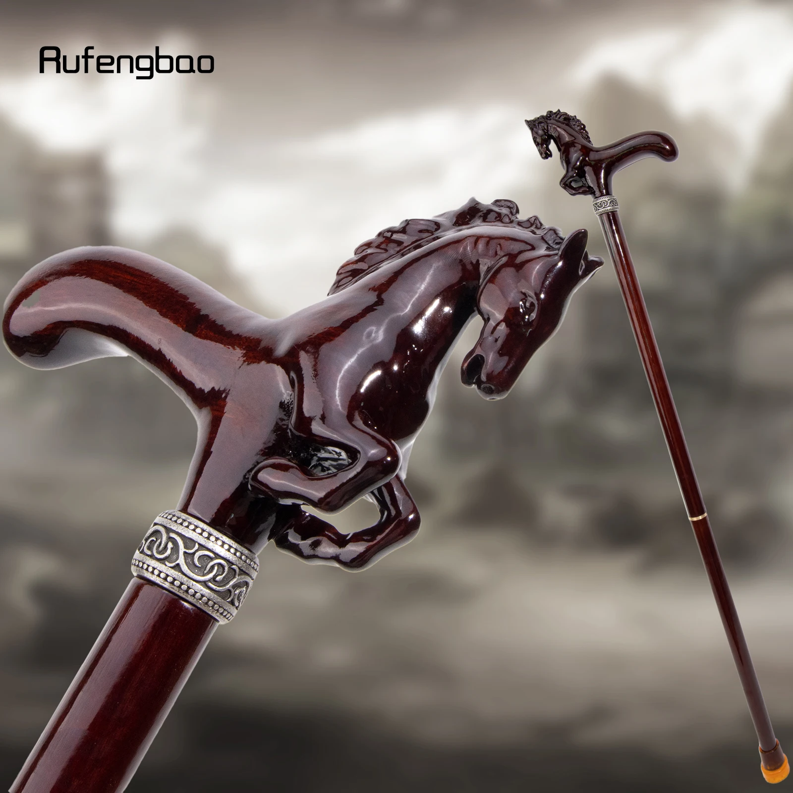 Brown Horse Wooden Fashion Walking Stick Decorative Cospaly Cane Wood Mace Crutch Wand Crosier 96cm Performance Stage Cane