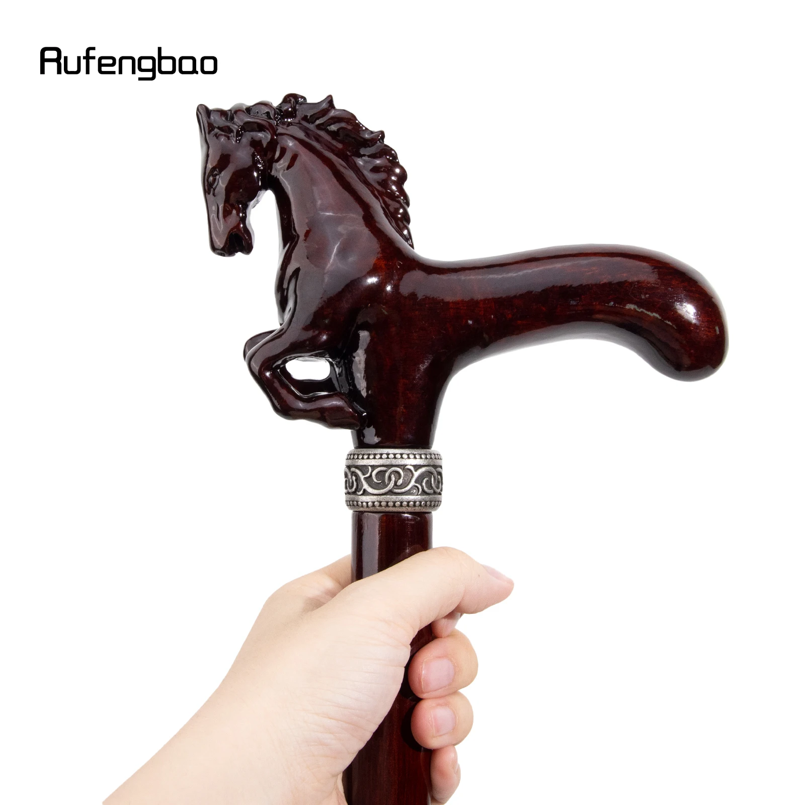 Brown Horse Wooden Fashion Walking Stick Decorative Cospaly Cane Wood Mace Crutch Wand Crosier 96cm Performance Stage Cane