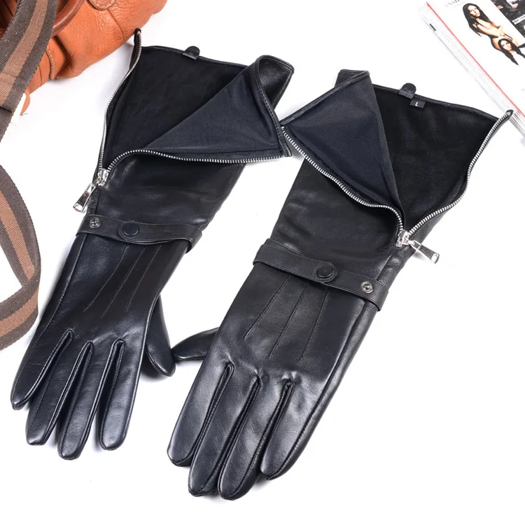 40cm Men's Black Sheepskin Real Leather Medieval Renaissance Long Cuff Zipper Knight Gauntlet Elbow Long Gloves