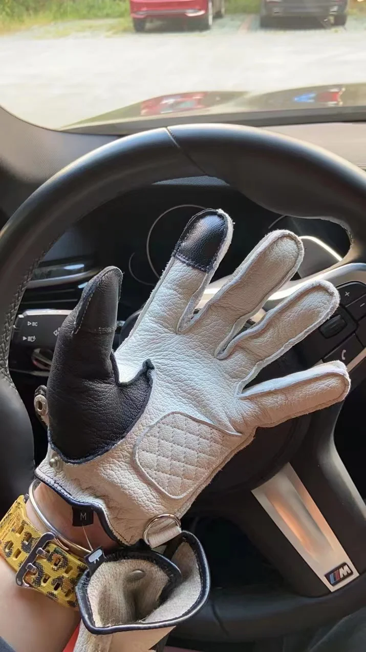 Men Genuine Leather Motorcycle Gloves Male Winter Warm Skeleton Plus Fleece Lined Mittens Tactical Handschuhe Screen Touched