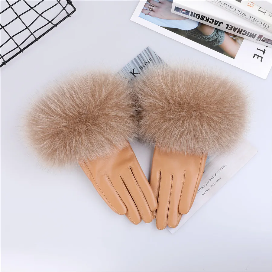 Sheepskin Natural Fox Fur Trimming Gloves Women's Genuine Leather Wrist Warmer Glove Winter Warm Fashion Mittens Fleece Lining