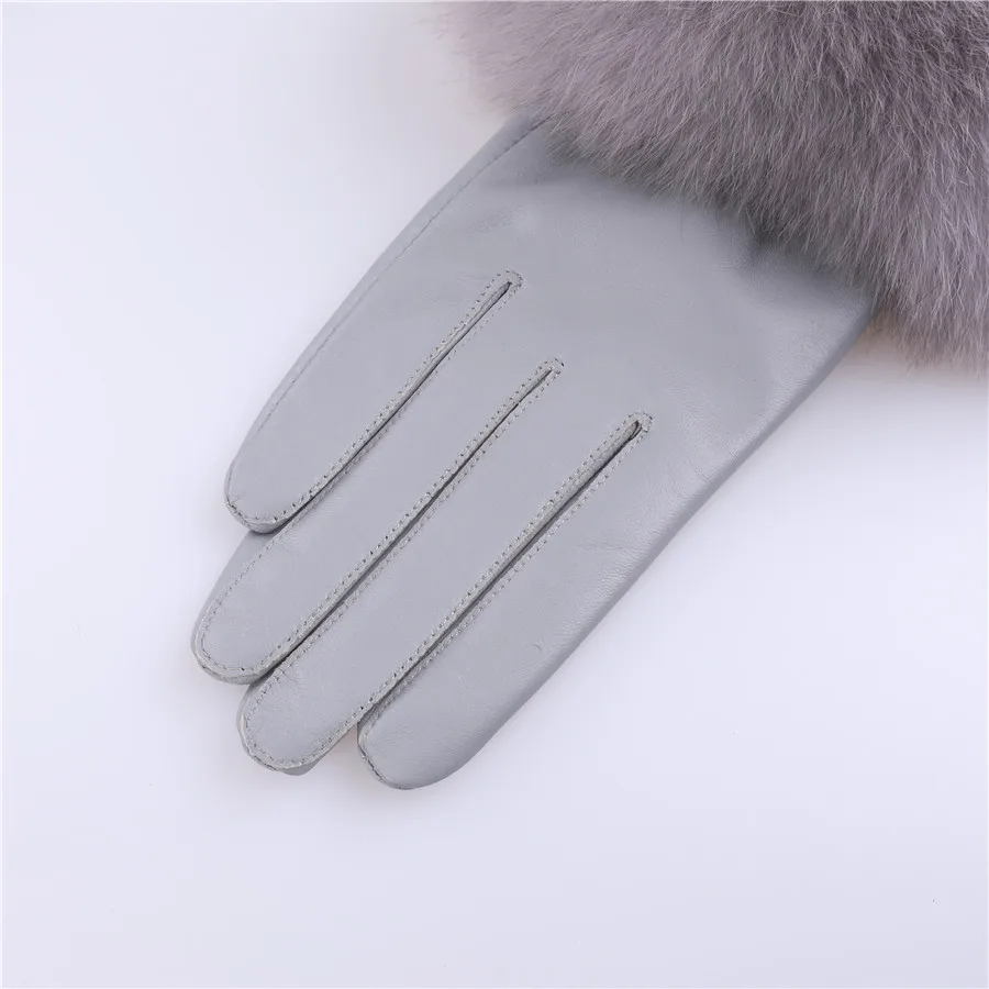 Sheepskin Natural Fox Fur Trimming Gloves Women's Genuine Leather Wrist Warmer Glove Winter Warm Fashion Mittens Fleece Lining