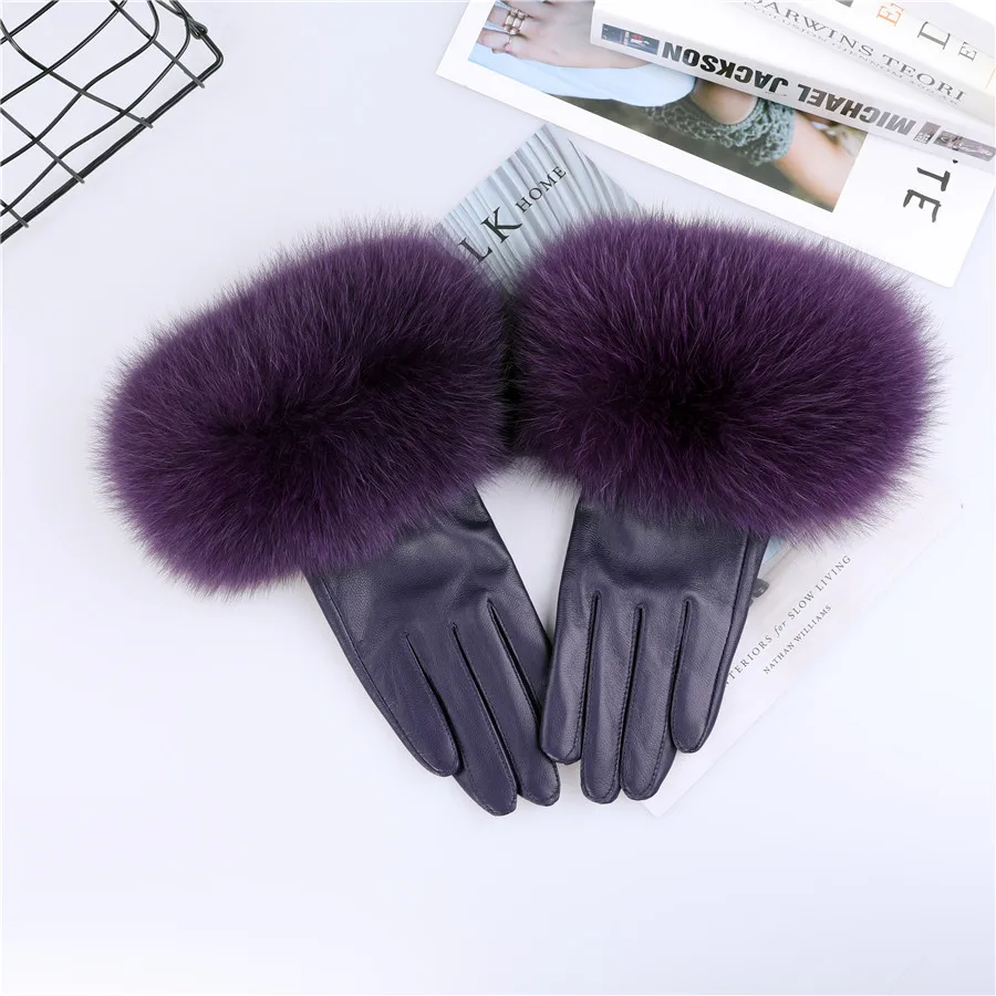 Sheepskin Natural Fox Fur Trimming Gloves Women's Genuine Leather Wrist Warmer Glove Winter Warm Fashion Mittens Fleece Lining