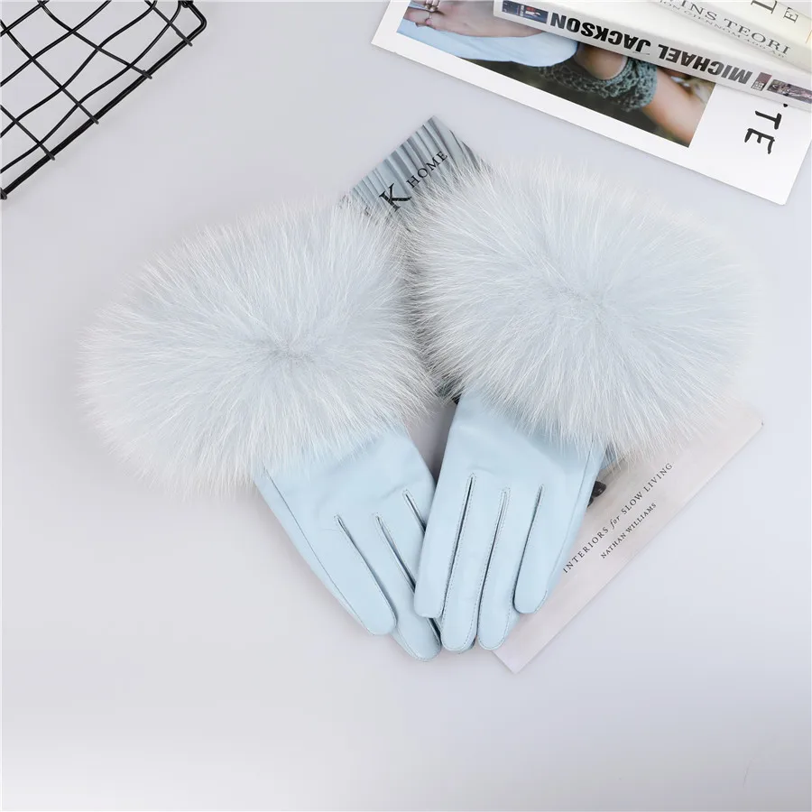 Sheepskin Natural Fox Fur Trimming Gloves Women's Genuine Leather Wrist Warmer Glove Winter Warm Fashion Mittens Fleece Lining