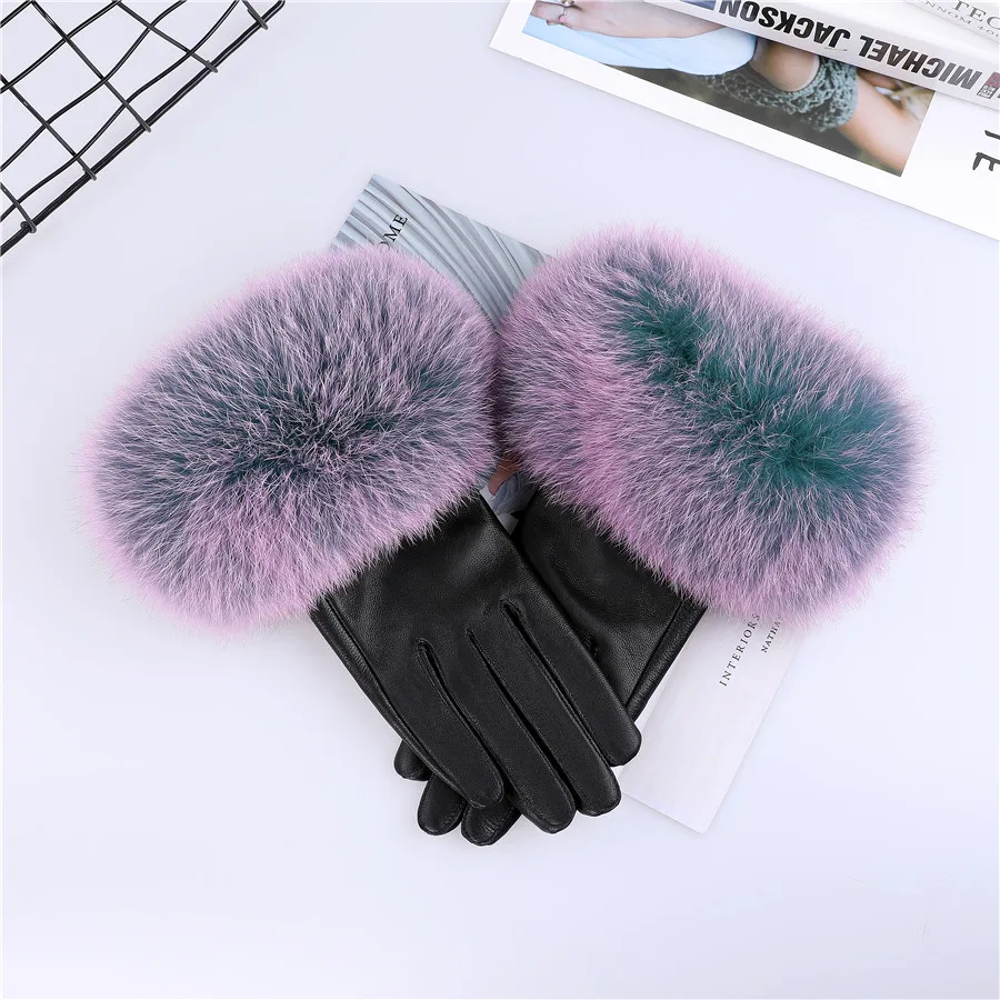 Sheepskin Natural Fox Fur Trimming Gloves Women's Genuine Leather Wrist Warmer Glove Winter Warm Fashion Mittens Fleece Lining