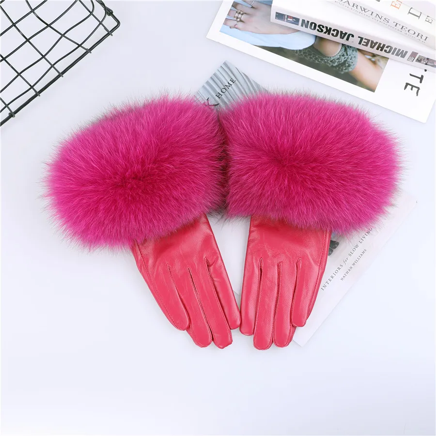 Sheepskin Natural Fox Fur Trimming Gloves Women's Genuine Leather Wrist Warmer Glove Winter Warm Fashion Mittens Fleece Lining