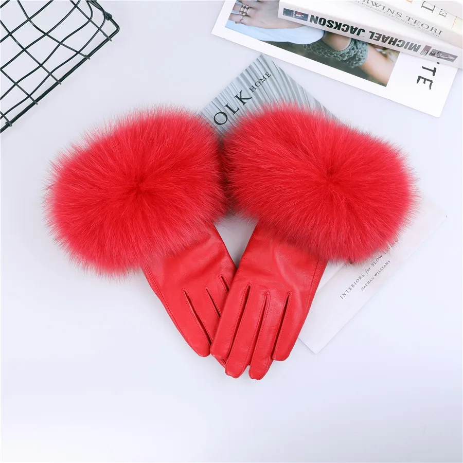 Sheepskin Natural Fox Fur Trimming Gloves Women's Genuine Leather Wrist Warmer Glove Winter Warm Fashion Mittens Fleece Lining