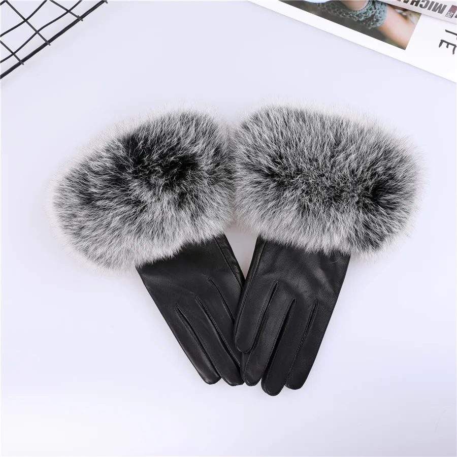 Sheepskin Natural Fox Fur Trimming Gloves Women's Genuine Leather Wrist Warmer Glove Winter Warm Fashion Mittens Fleece Lining