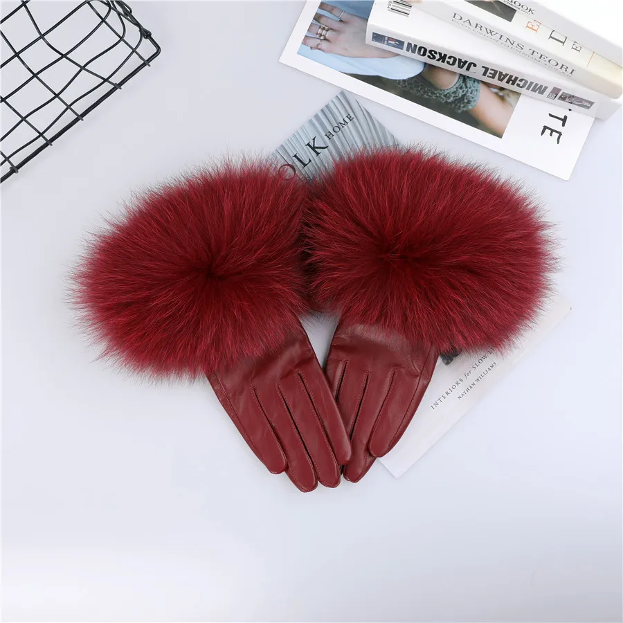 Sheepskin Natural Fox Fur Trimming Gloves Women's Genuine Leather Wrist Warmer Glove Winter Warm Fashion Mittens Fleece Lining