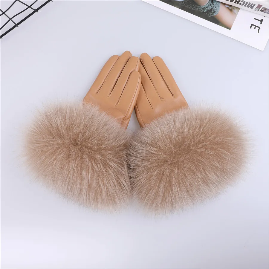 Sheepskin Natural Fox Fur Trimming Gloves Women's Genuine Leather Wrist Warmer Glove Winter Warm Fashion Mittens Fleece Lining