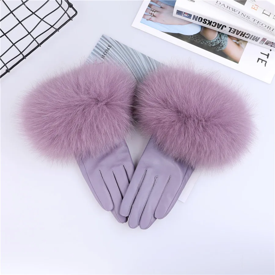 Sheepskin Natural Fox Fur Trimming Gloves Women's Genuine Leather Wrist Warmer Glove Winter Warm Fashion Mittens Fleece Lining
