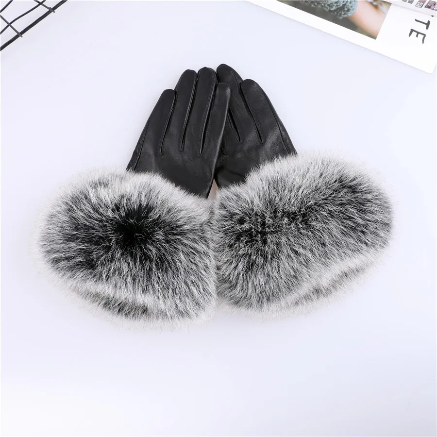 Sheepskin Natural Fox Fur Trimming Gloves Women's Genuine Leather Wrist Warmer Glove Winter Warm Fashion Mittens Fleece Lining