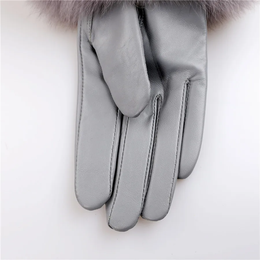 Sheepskin Natural Fox Fur Trimming Gloves Women's Genuine Leather Wrist Warmer Glove Winter Warm Fashion Mittens Fleece Lining