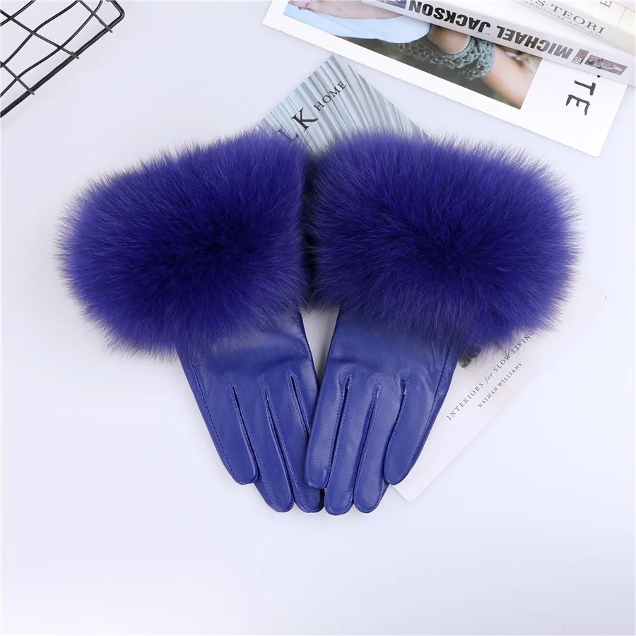 Sheepskin Natural Fox Fur Trimming Gloves Women's Genuine Leather Wrist Warmer Glove Winter Warm Fashion Mittens Fleece Lining
