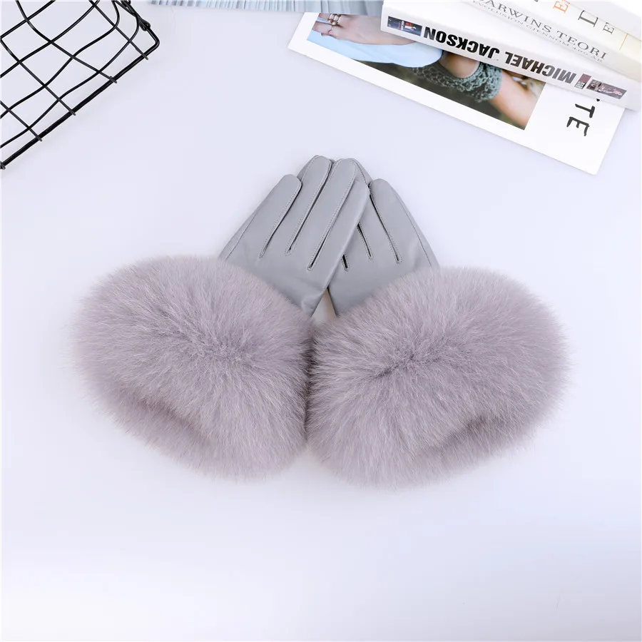 Sheepskin Natural Fox Fur Trimming Gloves Women's Genuine Leather Wrist Warmer Glove Winter Warm Fashion Mittens Fleece Lining