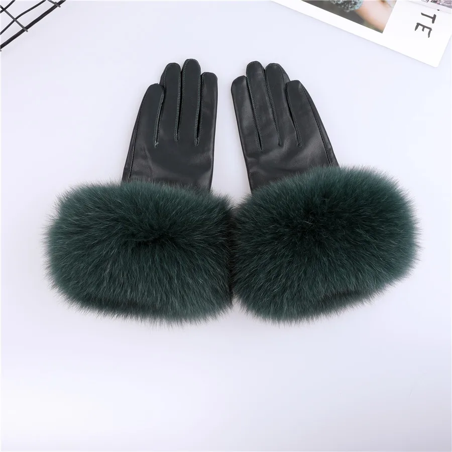 Sheepskin Natural Fox Fur Trimming Gloves Women's Genuine Leather Wrist Warmer Glove Winter Warm Fashion Mittens Fleece Lining