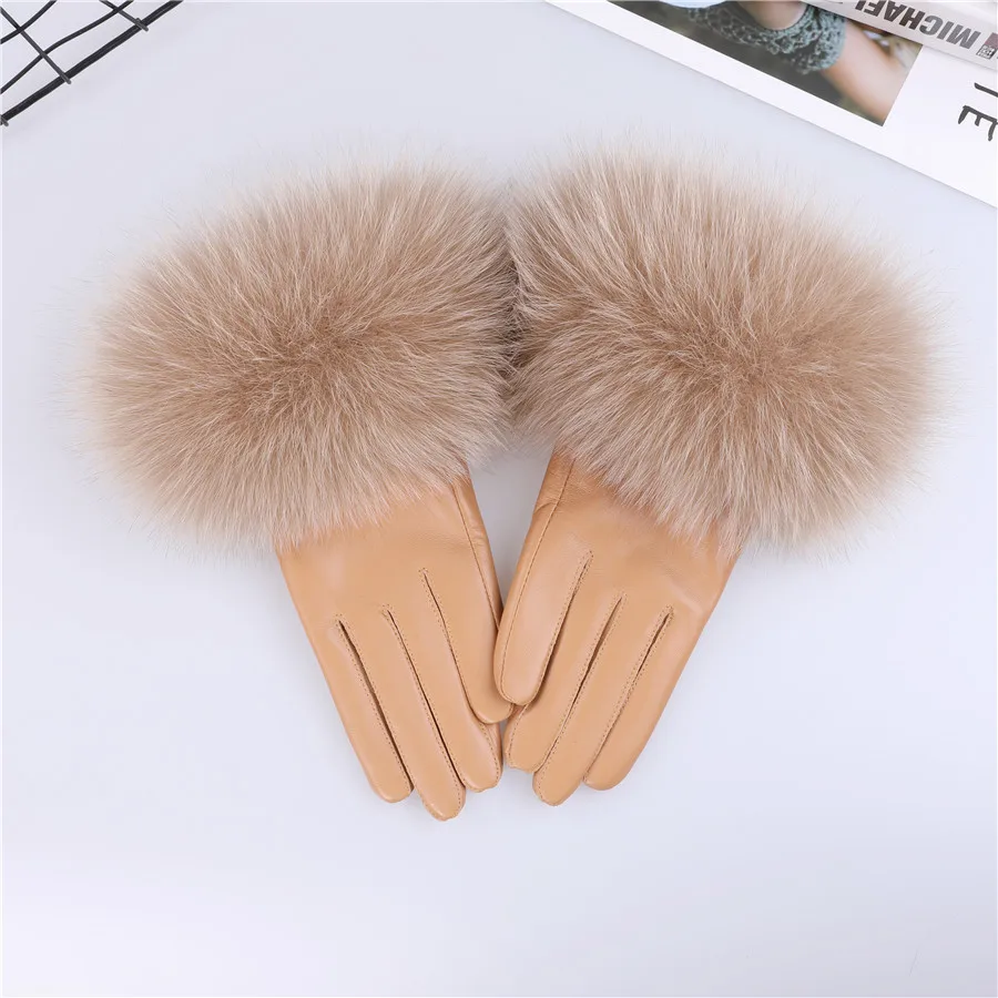 Sheepskin Natural Fox Fur Trimming Gloves Women's Genuine Leather Wrist Warmer Glove Winter Warm Fashion Mittens Fleece Lining