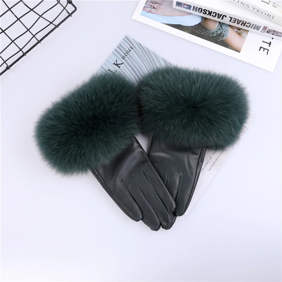 Sheepskin Natural Fox Fur Trimming Gloves Women's Genuine Leather Wrist Warmer Glove Winter Warm Fashion Mittens Fleece Lining