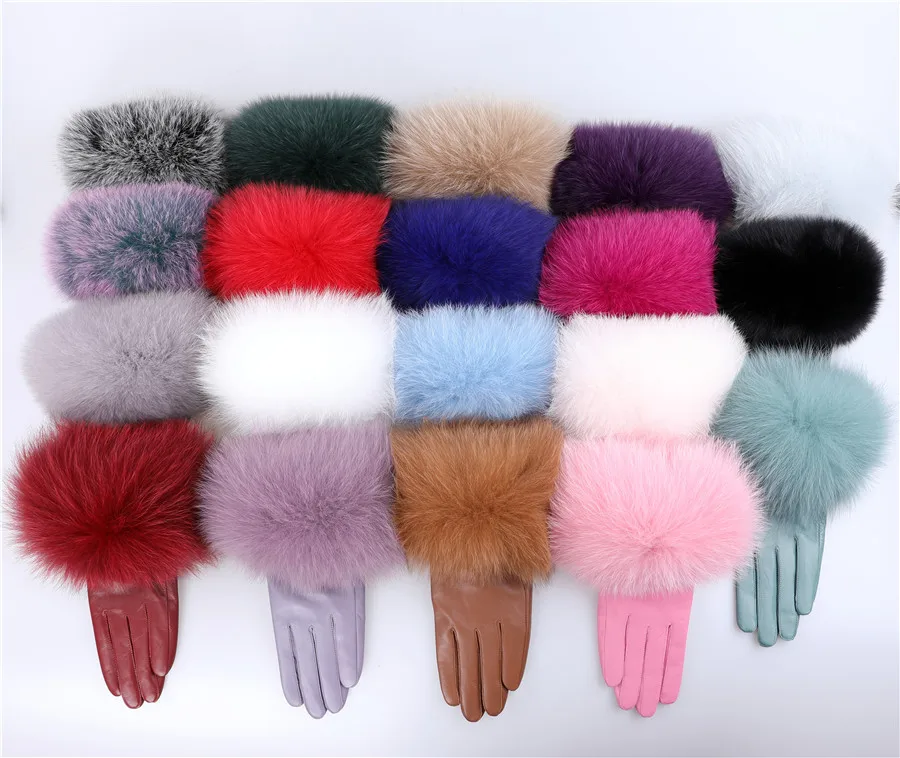 Sheepskin Natural Fox Fur Trimming Gloves Women's Genuine Leather Wrist Warmer Glove Winter Warm Fashion Mittens Fleece Lining