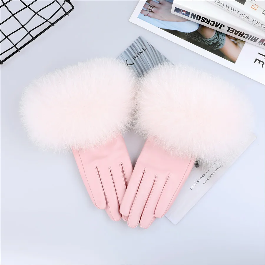 Sheepskin Natural Fox Fur Trimming Gloves Women's Genuine Leather Wrist Warmer Glove Winter Warm Fashion Mittens Fleece Lining