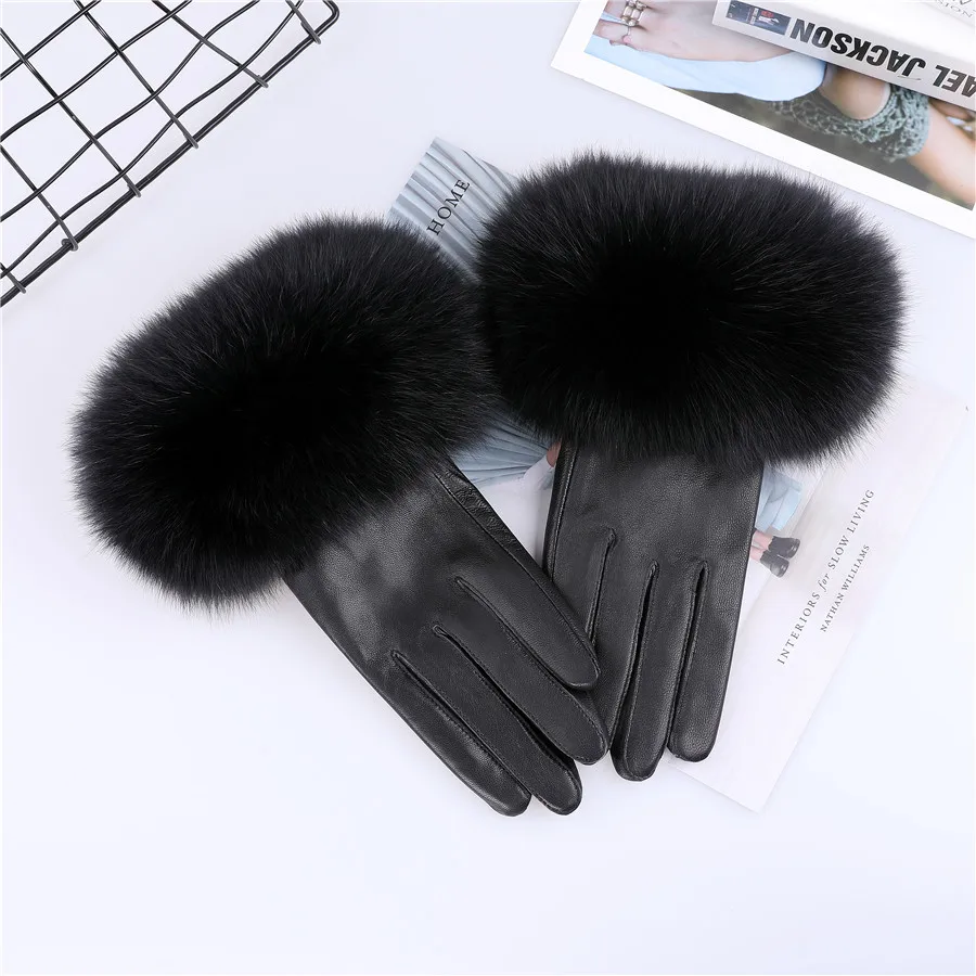 Sheepskin Natural Fox Fur Trimming Gloves Women's Genuine Leather Wrist Warmer Glove Winter Warm Fashion Mittens Fleece Lining