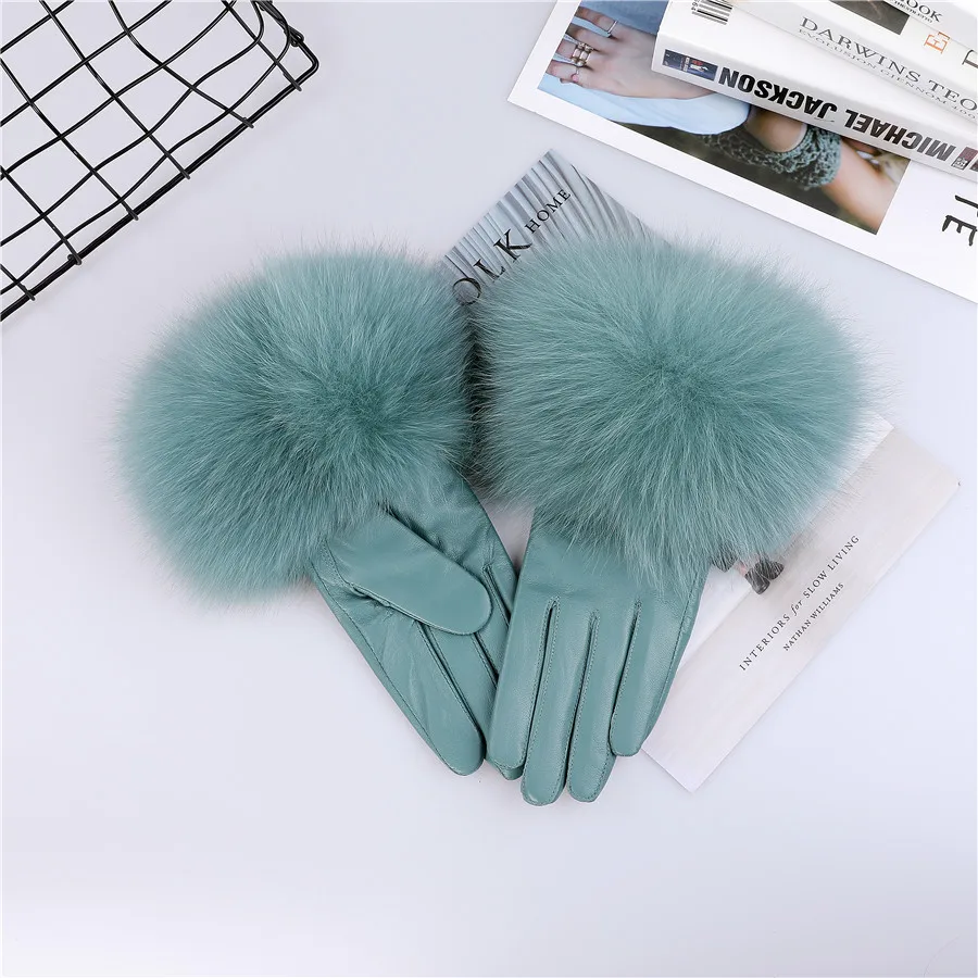 Sheepskin Natural Fox Fur Trimming Gloves Women's Genuine Leather Wrist Warmer Glove Winter Warm Fashion Mittens Fleece Lining