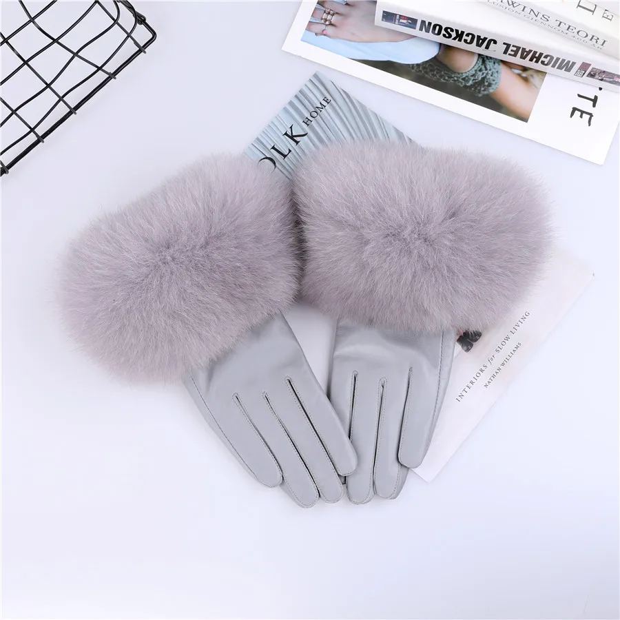 Sheepskin Natural Fox Fur Trimming Gloves Women's Genuine Leather Wrist Warmer Glove Winter Warm Fashion Mittens Fleece Lining