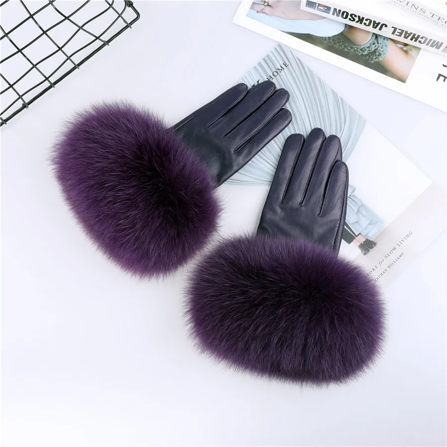 Sheepskin Natural Fox Fur Trimming Gloves Women's Genuine Leather Wrist Warmer Glove Winter Warm Fashion Mittens Fleece Lining