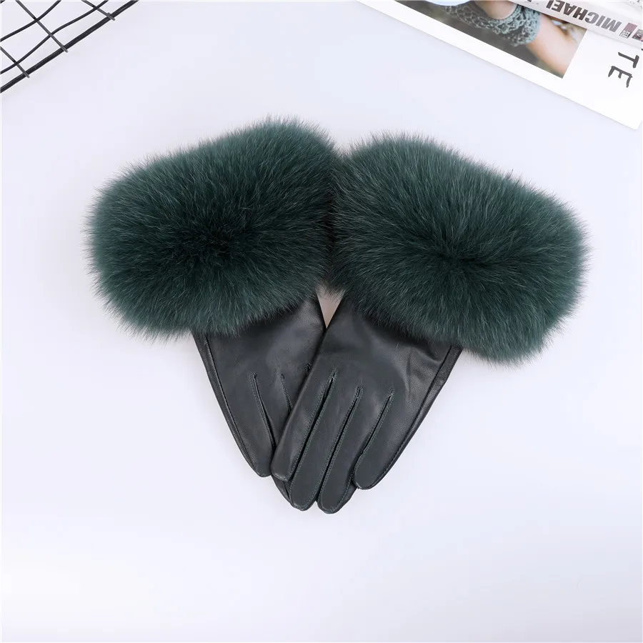 Sheepskin Natural Fox Fur Trimming Gloves Women's Genuine Leather Wrist Warmer Glove Winter Warm Fashion Mittens Fleece Lining