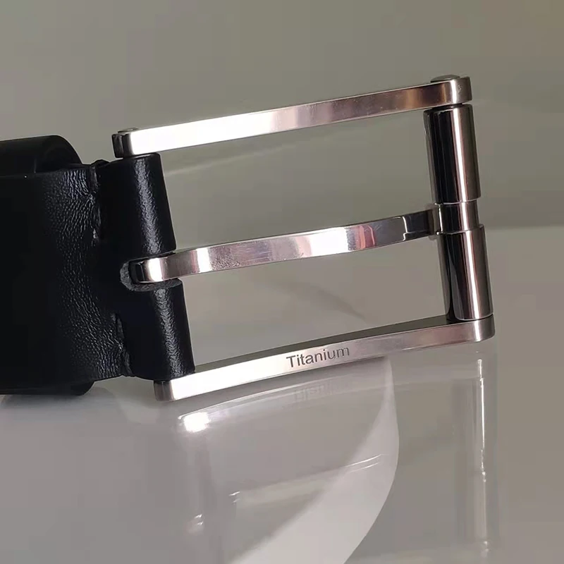 35mm Pure Titanium Pin Buckle Black Leather Belt Strap Full Grain Cowhide One Piece Screw for Fashionable Men And Women
