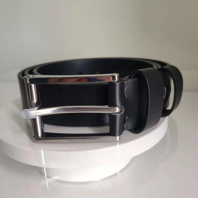 35mm Pure Titanium Pin Buckle Black Leather Belt Strap Full Grain Cowhide One Piece Screw for Fashionable Men And Women