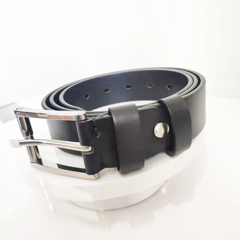35mm Pure Titanium Pin Buckle Black Leather Belt Strap Full Grain Cowhide One Piece Screw for Fashionable Men And Women