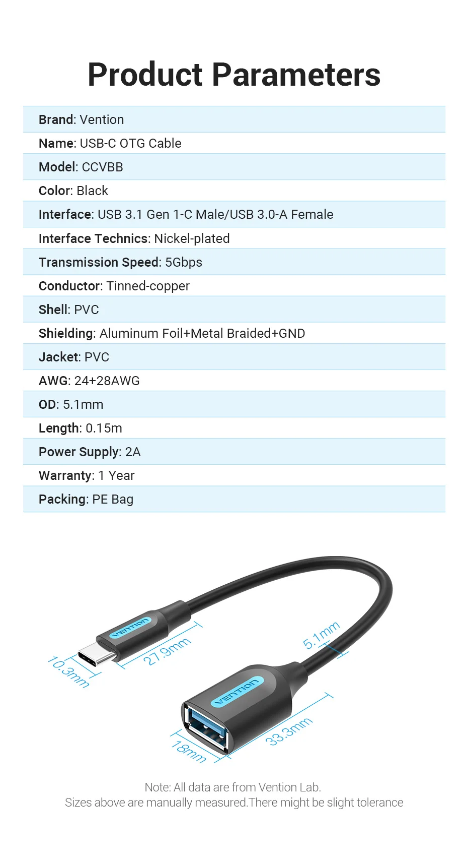 Vention OTG C Type Adapter OTG Cable Type C to USB A 3.0 2.0 Female Cable Adapter for MacBook Pro Xiaomi Mi 9 Type-C Converter