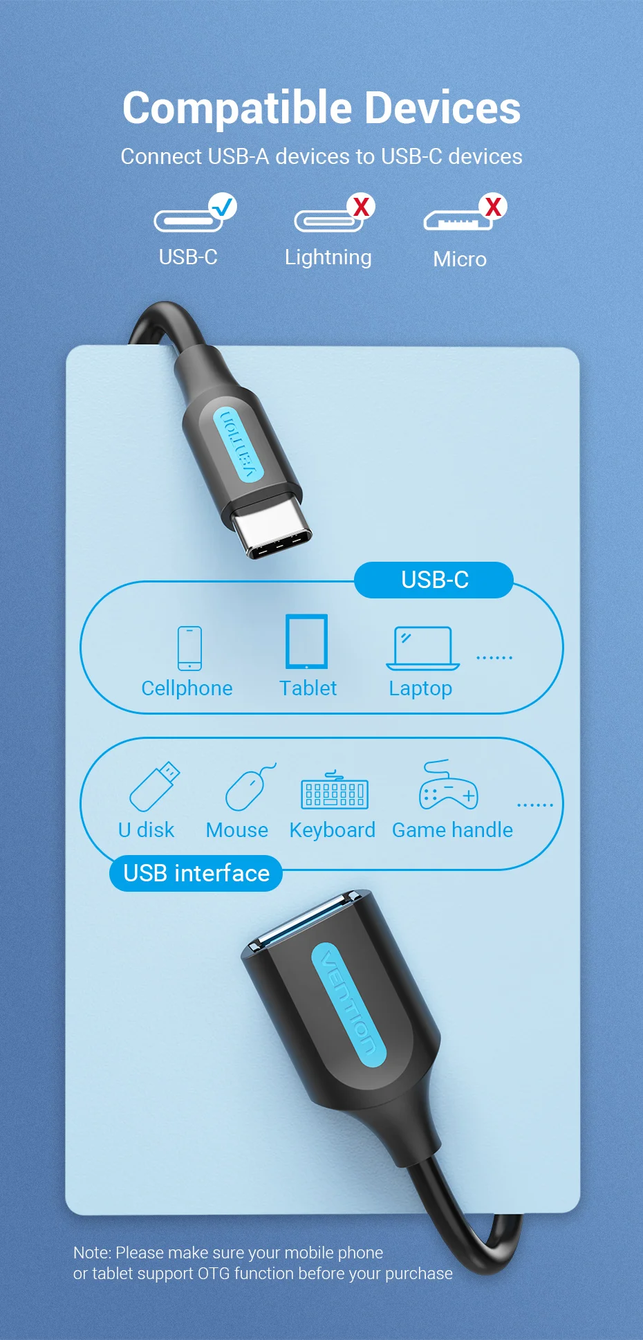 Vention OTG C Type Adapter OTG Cable Type C to USB A 3.0 2.0 Female Cable Adapter for MacBook Pro Xiaomi Mi 9 Type-C Converter