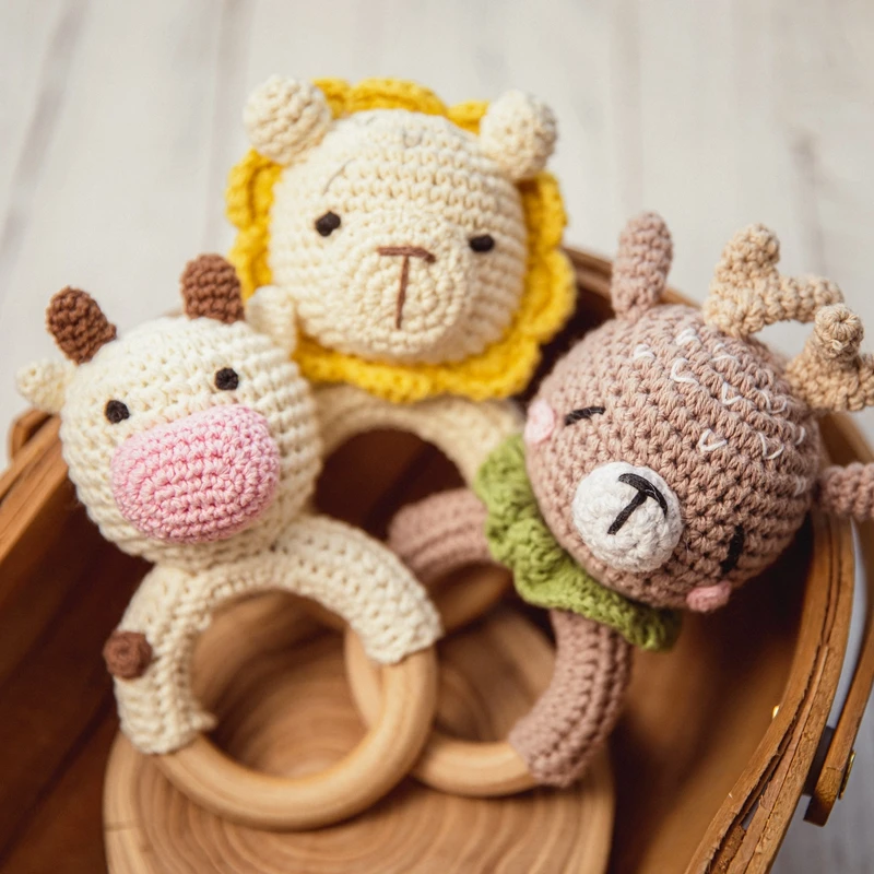 Baby Crochet Animal Rattle Wooden Toys for Children BPA Free Wood Rattle Baby Teether Stroller Game Educational Toy Newborn Gift