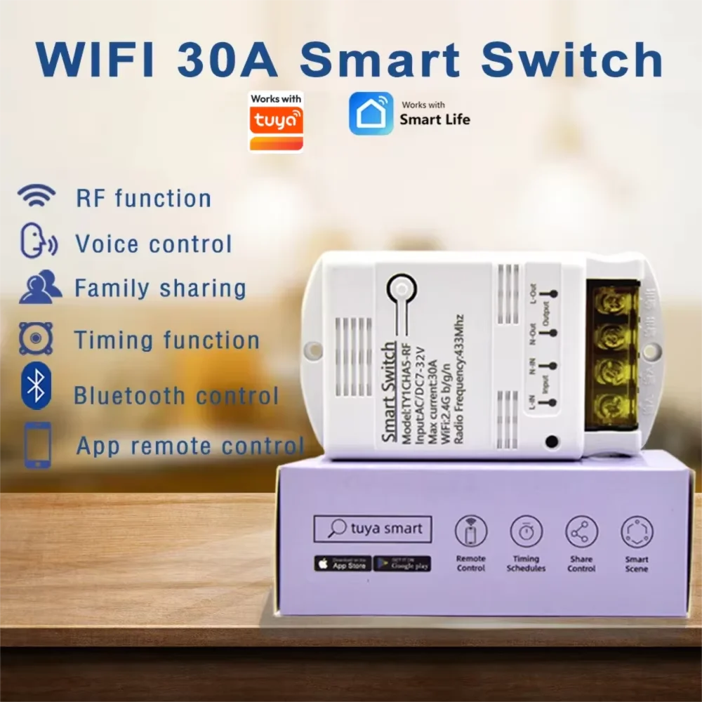 Wifi 30A Switch Module Wireless Relay Controller AC 220V 110V DC 12V 24V Works with Tuya Smart Life APP Voice Remote Control
