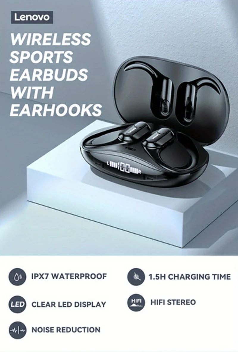 Lenovo XT80 Wireless Headphones Bluetooth 5.3 Earphones True with Mic Button Control Noise Reduction Earhooks Waterproof Headset