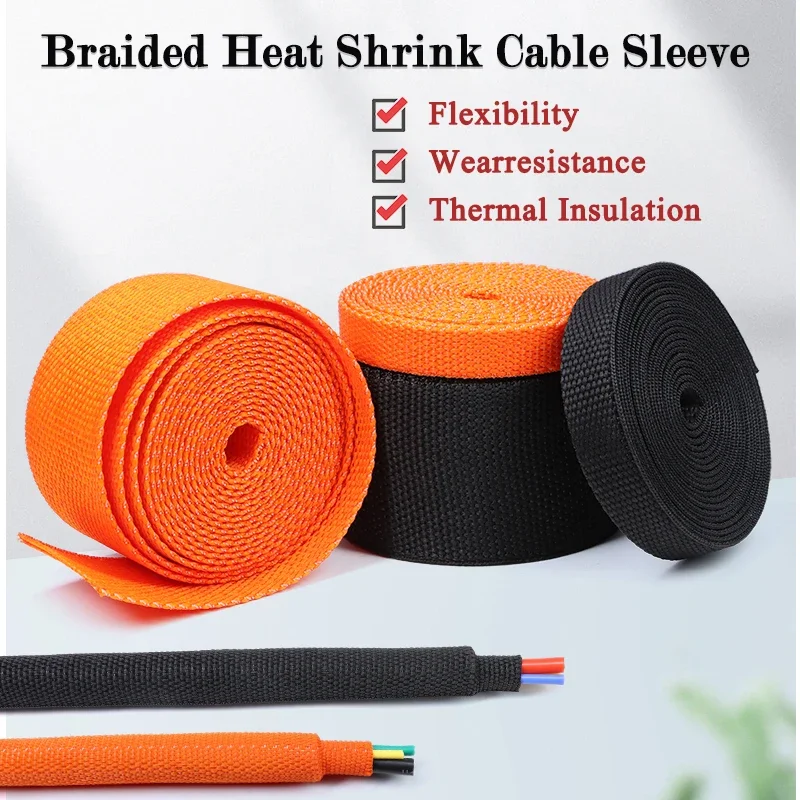 1~50m Braided Cable Sleeve Diameter 4~30mm PET Heat Shrink Tube Insulation Flam Retardant Shrinkable Wire Wrap Sheath Organizer