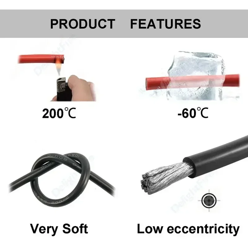 Silicone Cable Solar Panel Electrical Wire Heat Resistant Red Black 24 22 20 18 16 14 12 10 8 6 4 AWG Gauge for Car Auto Battery