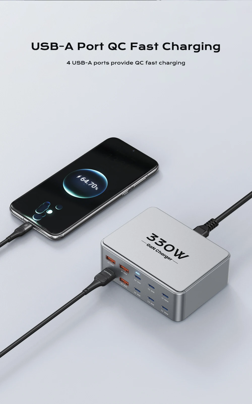 330W USB C GaN Charger 100W PD3.0 PPS QC3.0 Multiport Fast Charging Station For Laptop iPhone 15 16 Samsung Macbook Pro Tablet