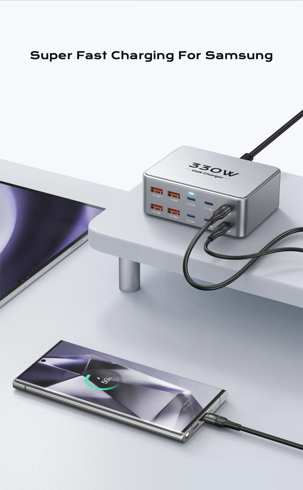 330W USB C GaN Charger 100W PD3.0 PPS QC3.0 Multiport Fast Charging Station For Laptop iPhone 15 16 Samsung Macbook Pro Tablet