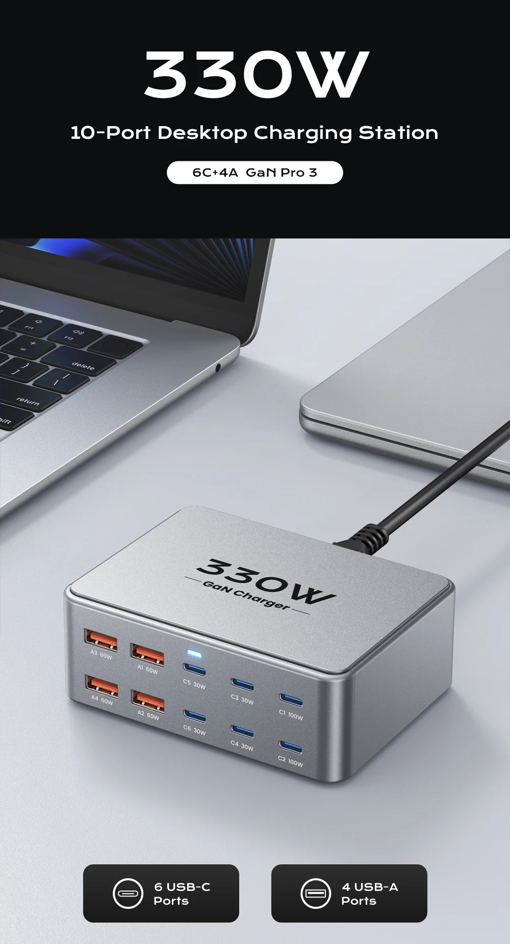 330W USB C GaN Charger 100W PD3.0 PPS QC3.0 Multiport Fast Charging Station For Laptop iPhone 15 16 Samsung Macbook Pro Tablet