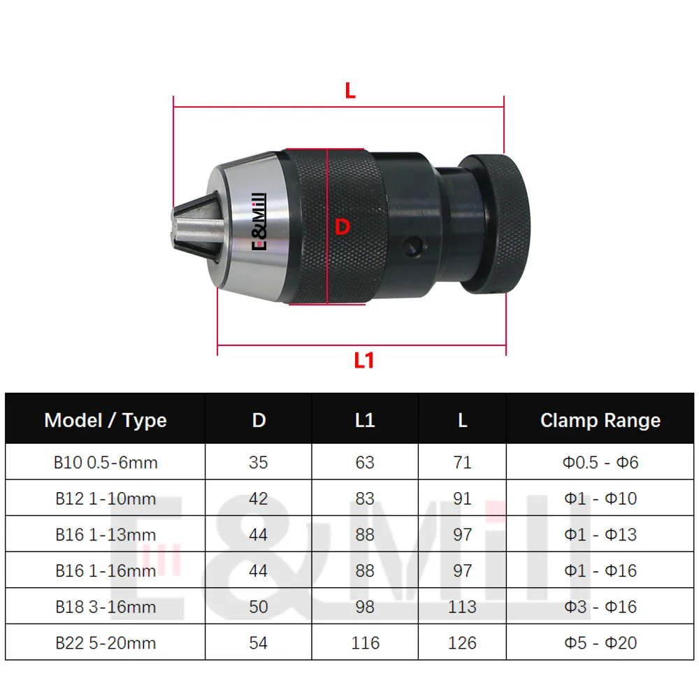1x B10 B12 B16 B18 B22 drill chuck Keyless drilling chuck Self Tighten Automatic Locking clamp range 0.5-6mm 1-10mm 1-13mm 1-16