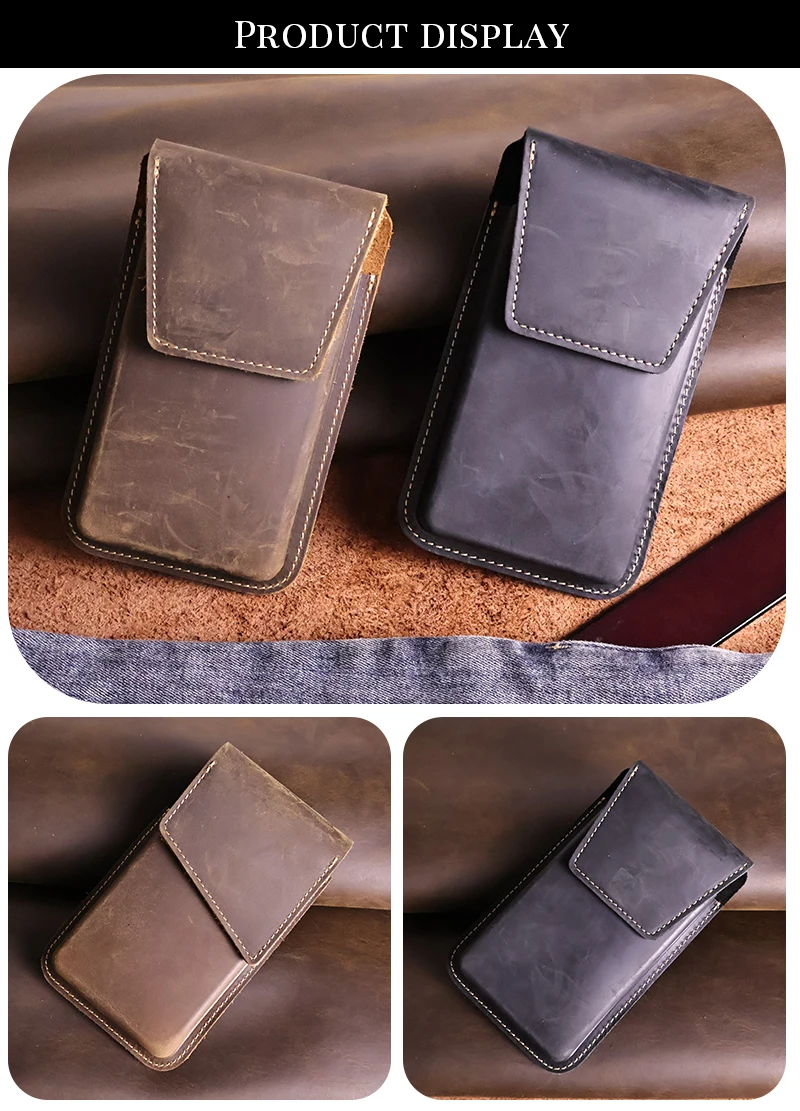 RIYAO Vintage Waist Belt Bag For Men Big Mobile Phone Bag Genuine Leather Thick Shell Cell Phone With Protect Case Pocket Holder