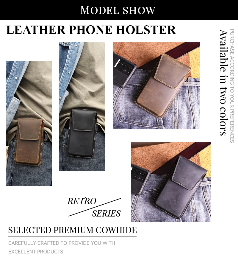 RIYAO Vintage Waist Belt Bag For Men Big Mobile Phone Bag Genuine Leather Thick Shell Cell Phone With Protect Case Pocket Holder