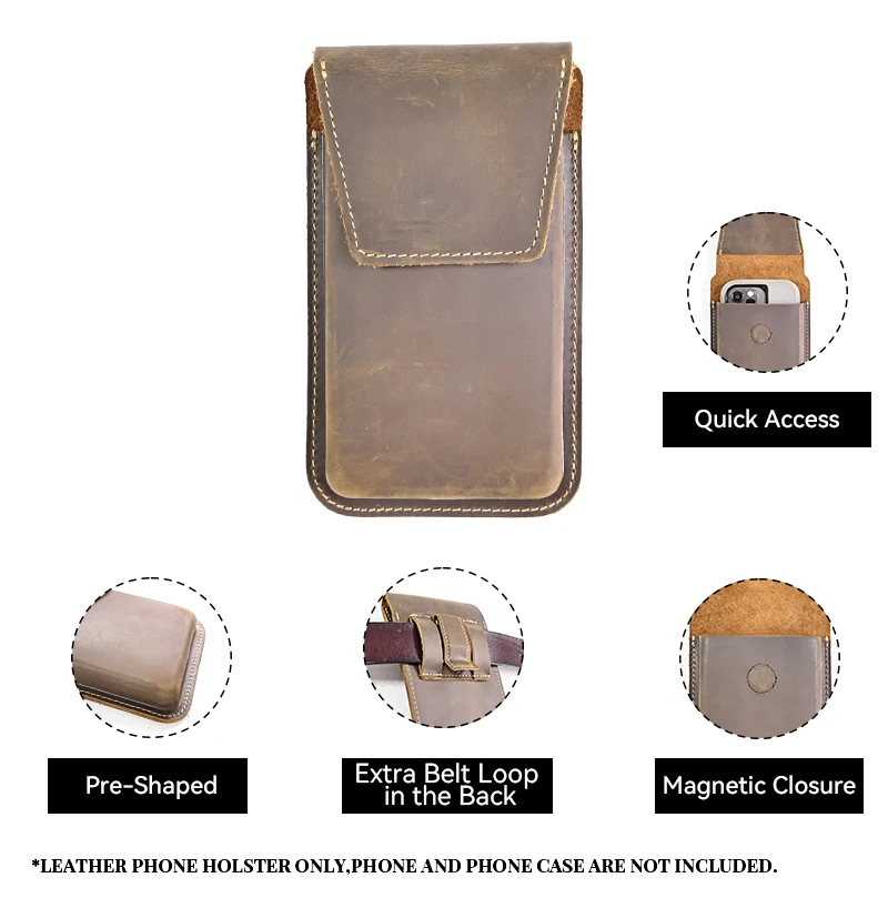 RIYAO Vintage Waist Belt Bag For Men Big Mobile Phone Bag Genuine Leather Thick Shell Cell Phone With Protect Case Pocket Holder