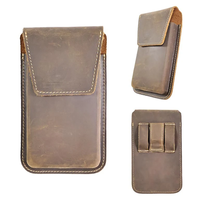 RIYAO Vintage Waist Belt Bag For Men Big Mobile Phone Bag Genuine Leather Thick Shell Cell Phone With Protect Case Pocket Holder