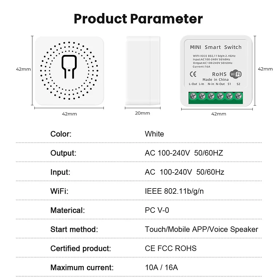 Works With Tuya APP 16A WiFi Smart Switch Module 2-way Control Mini Switch Breaker Smart Life Work With Alexa Google Alice